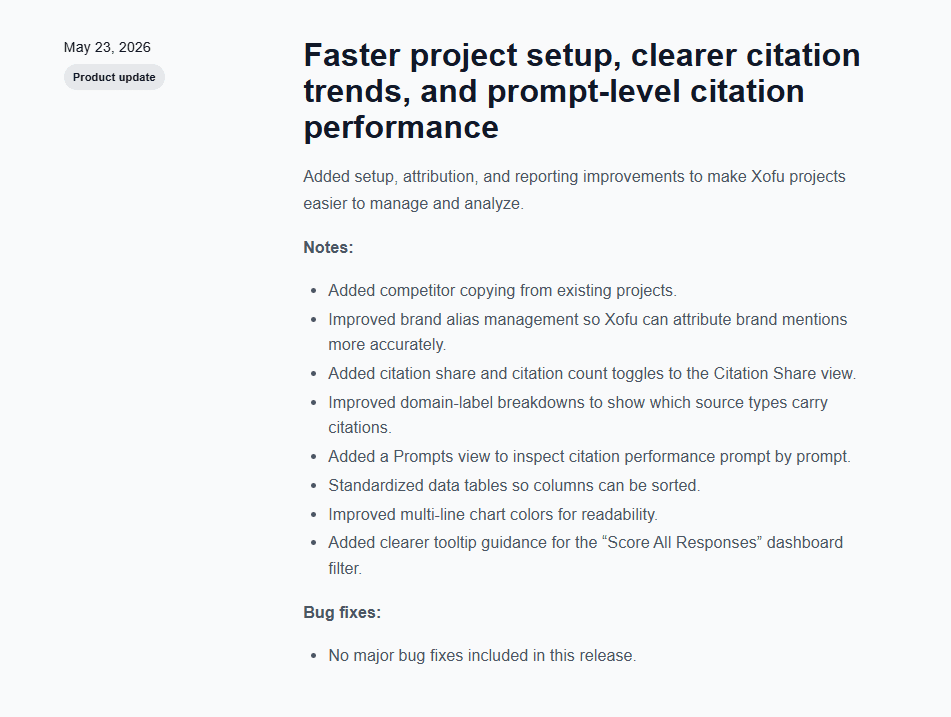 Xofu changelog page
