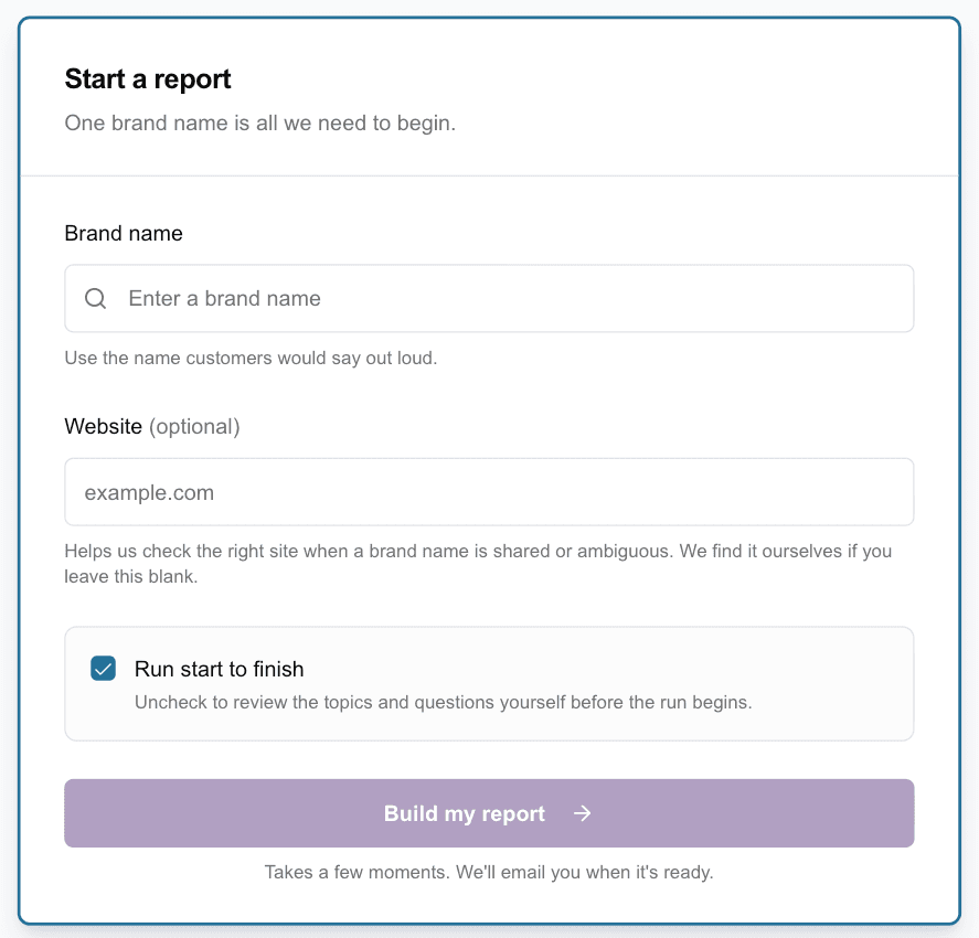 Visibility Gap Analysis tool with a brand name field and Build my report button