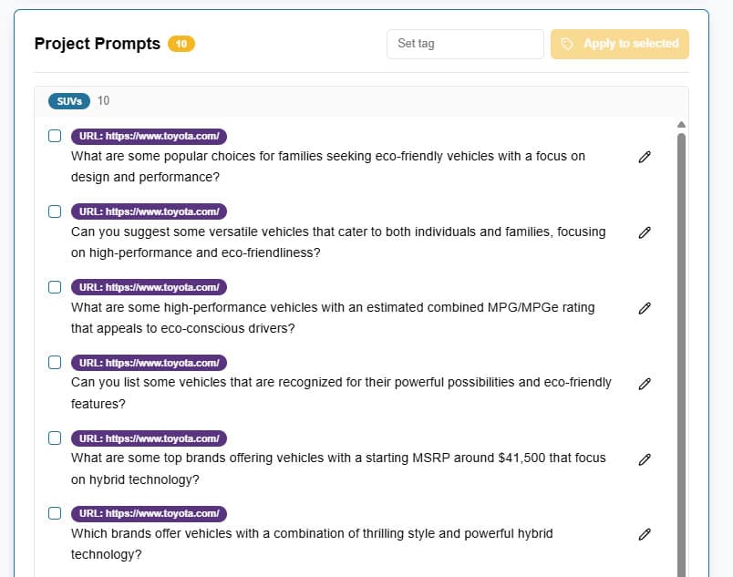 Prompt generation, editing, and tagging